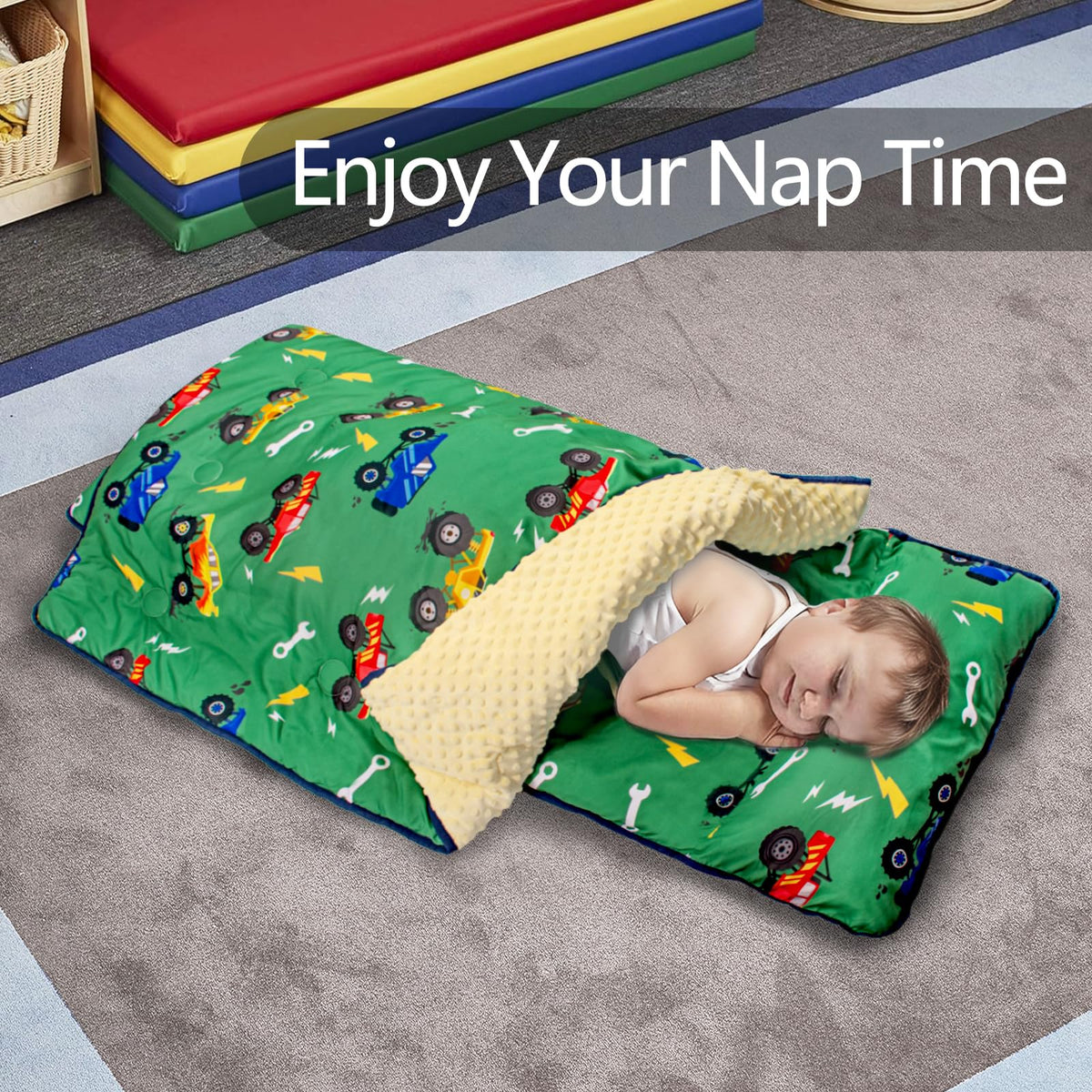 PRIMLECT nap mat with minky dot lining for premium comfort.