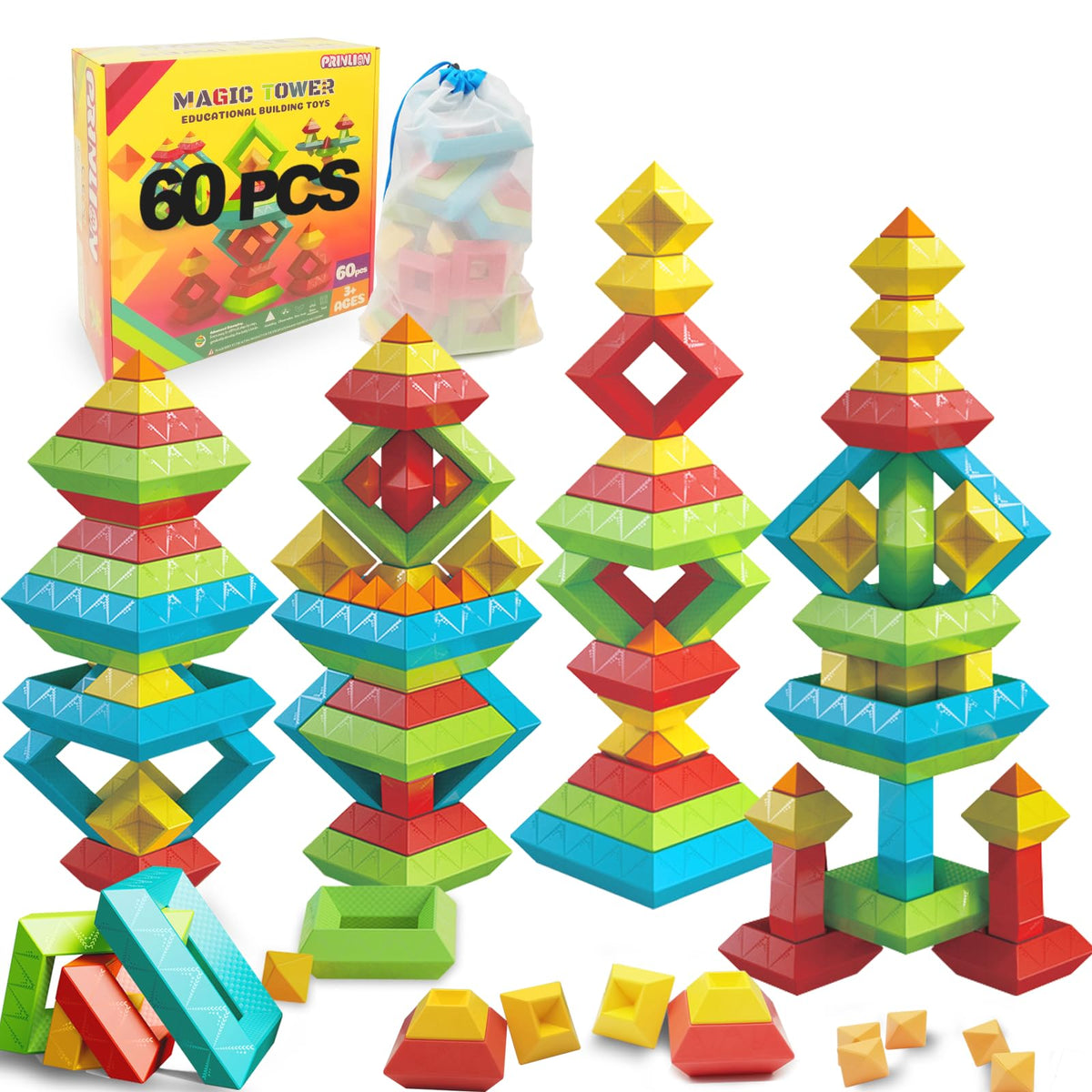 Prinlion stacking toys 60-piece set with bright blocks for creative play and early motor skills.