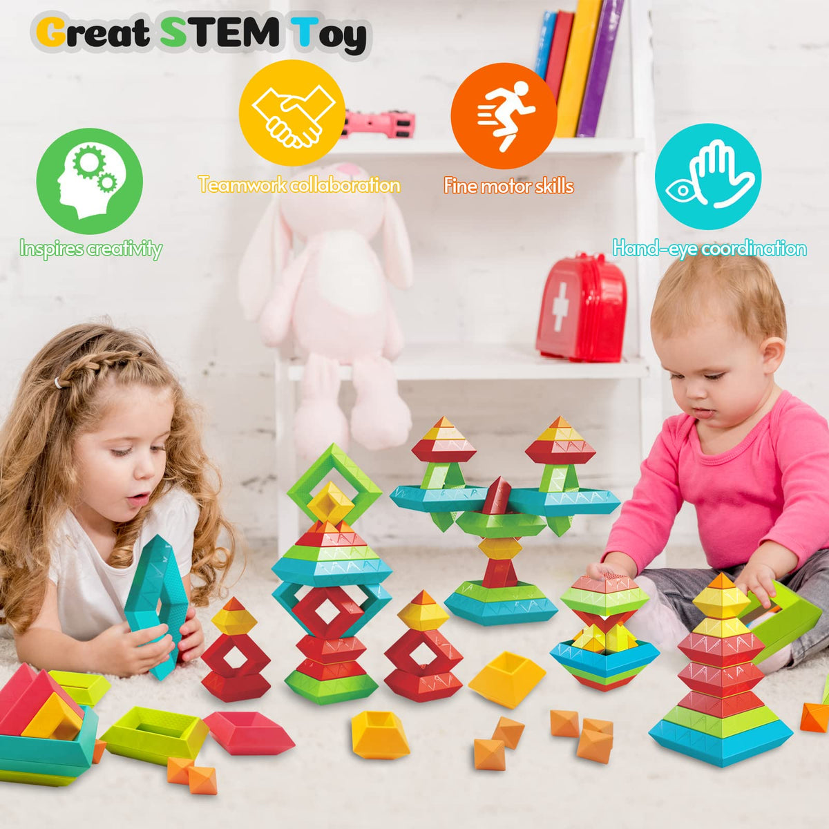 Prinlion toddler blocks supporting hand-eye coordination during stacking and shape-building.