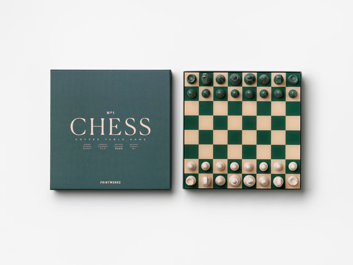 PrintWorks Classic Chess displayed on a coffee table, elevating room aesthetics.