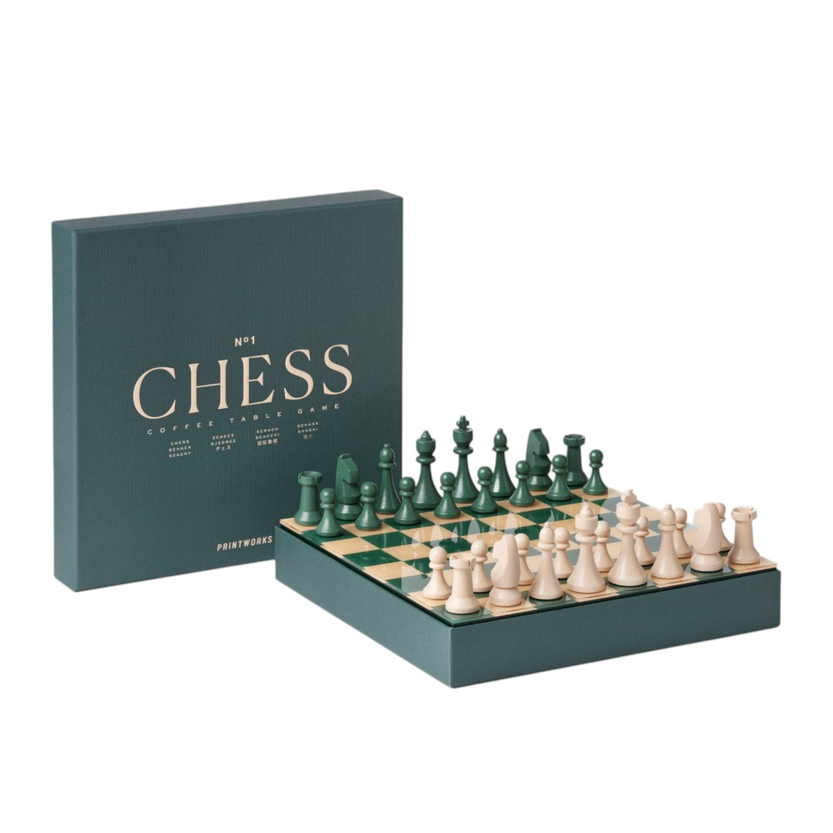 PrintWorks Classic Chess green board with acrylic top for stylish coffee-table play.