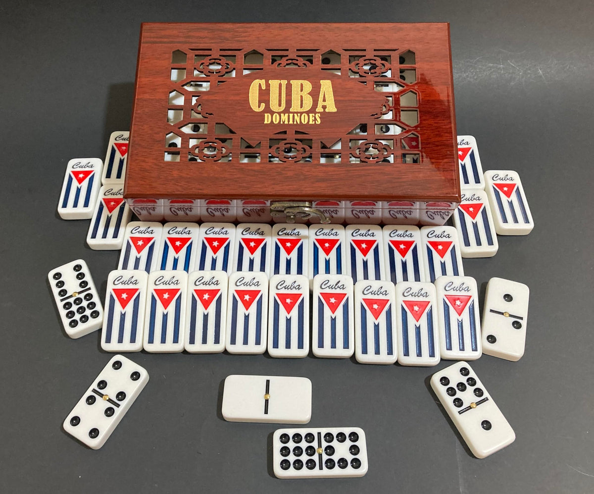 PRK 14 Cuban Double 9 dominoes tiles closeup with bright colored dots for easy reads.