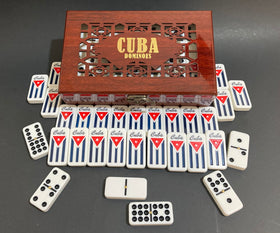 PRK 14 Cuban Double 9 dominoes tiles closeup with bright colored dots for easy reads.
