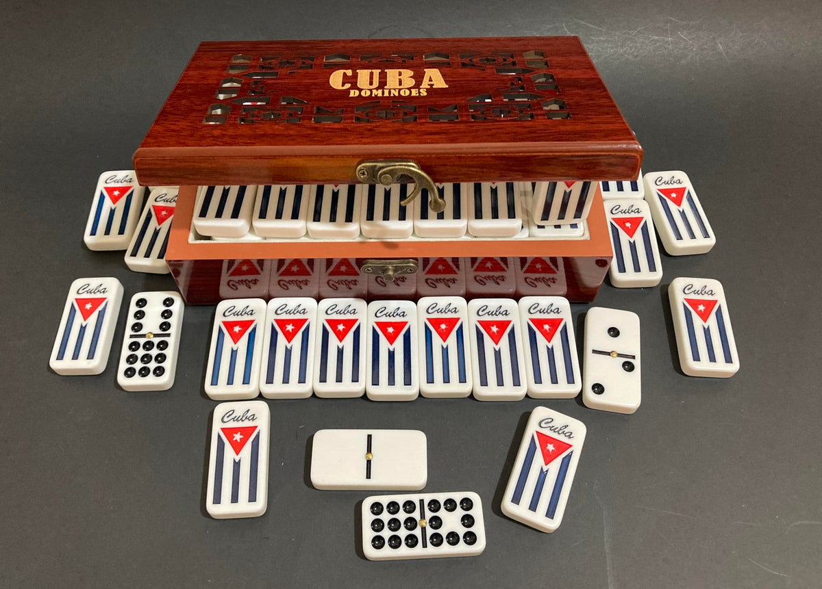PRK 14 Cuban Double 9 dominoes white tiles with colored dots for quick reads.
