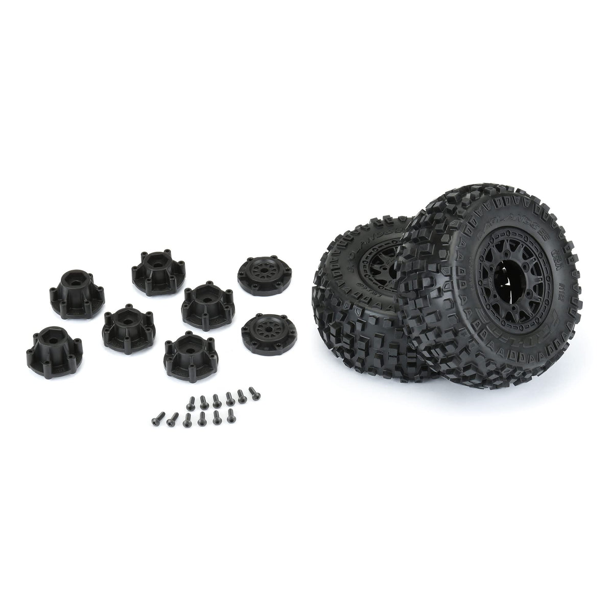 Pro-Line Badlands SC tire mounted on Raid wheel ready for bashing.