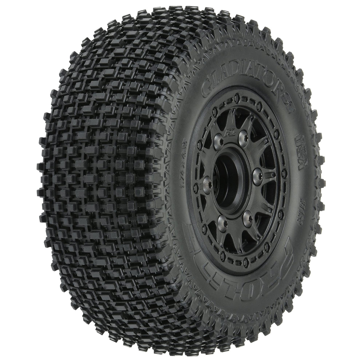 Pro-Line Gladiator SC tire mounted on Raid black wheels for versatile traction.