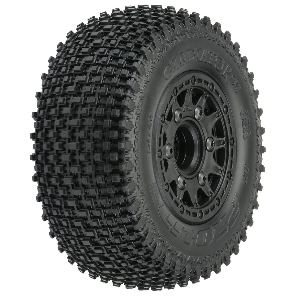Pro-Line Gladiator SC tire mounted on Raid black wheels for versatile traction.