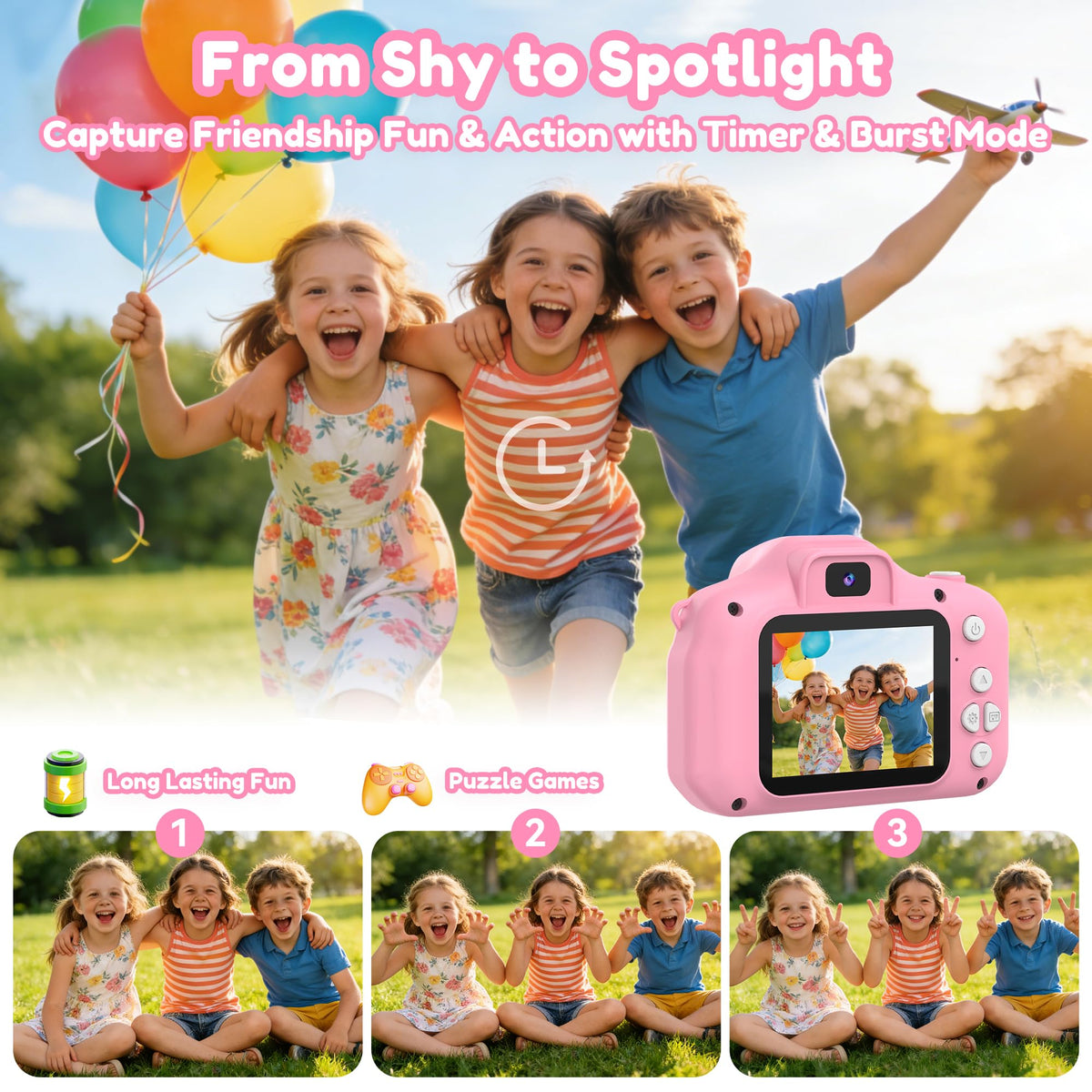 PROGRACE Kids Camera pink burst mode captures fast action moments