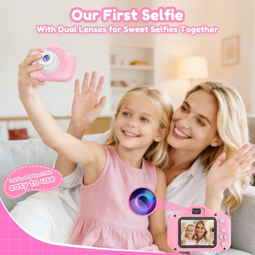 PROGRACE Kids Camera pink child selfie shot with a parent