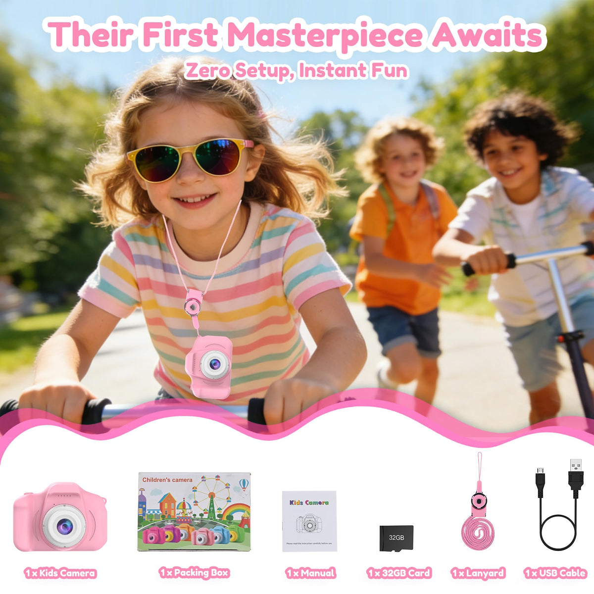 PROGRACE Kids Camera pink complete set supports outdoor adventures
