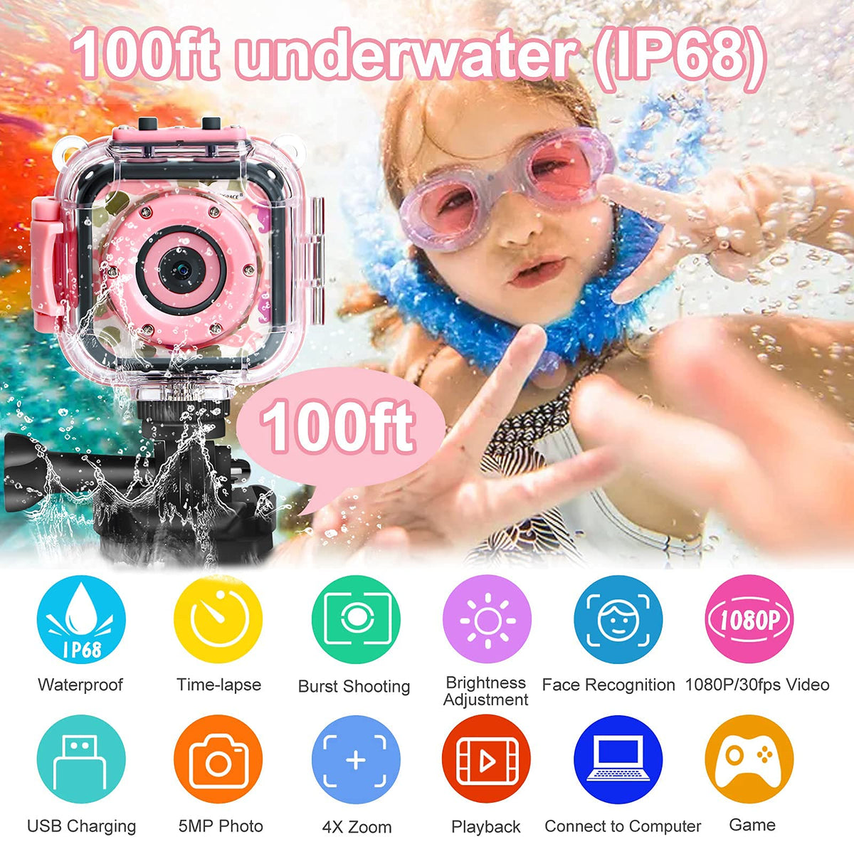 PROGRACE Kids Underwater Camera splash moments: crisp underwater footage during swimming and diving