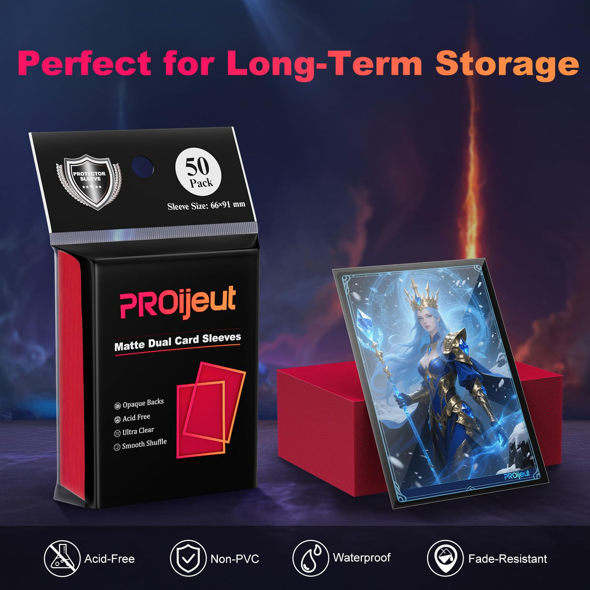 Proijeut 66x91mm sizing fits MTG, PKM, and standard trading cards.
