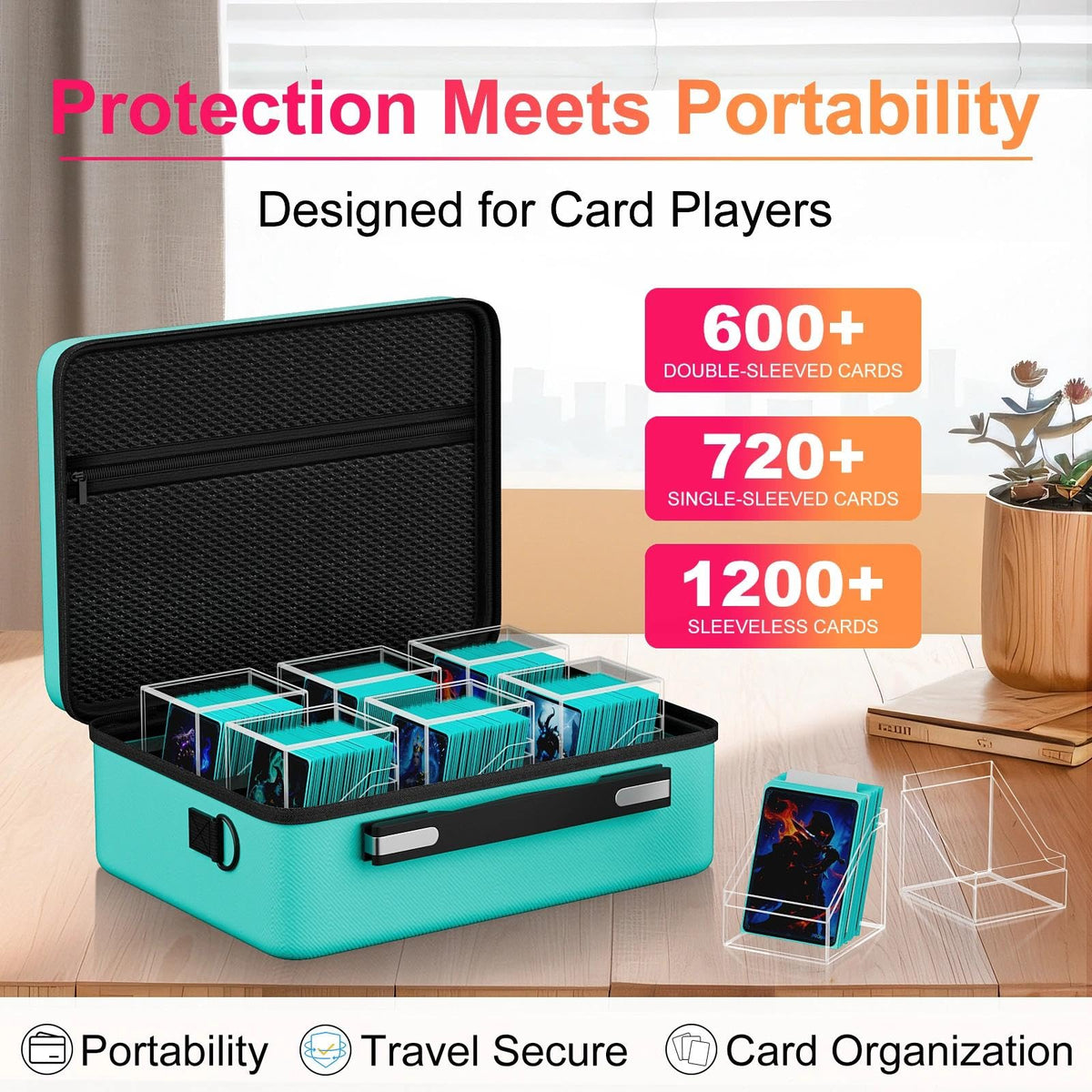 Proijeut acrylic card box holds 100+ double-sleeved cards, great for expanding collections.