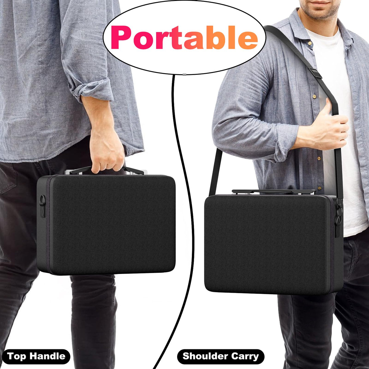 Includes six Proijeut acrylic boxes, portable case, six dividers, and a shoulder strap.