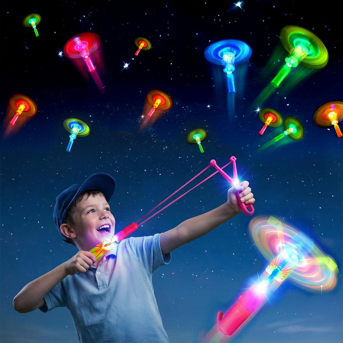 ProlPings glow LED flying toy slingshot for outdoor fun and night visibility.