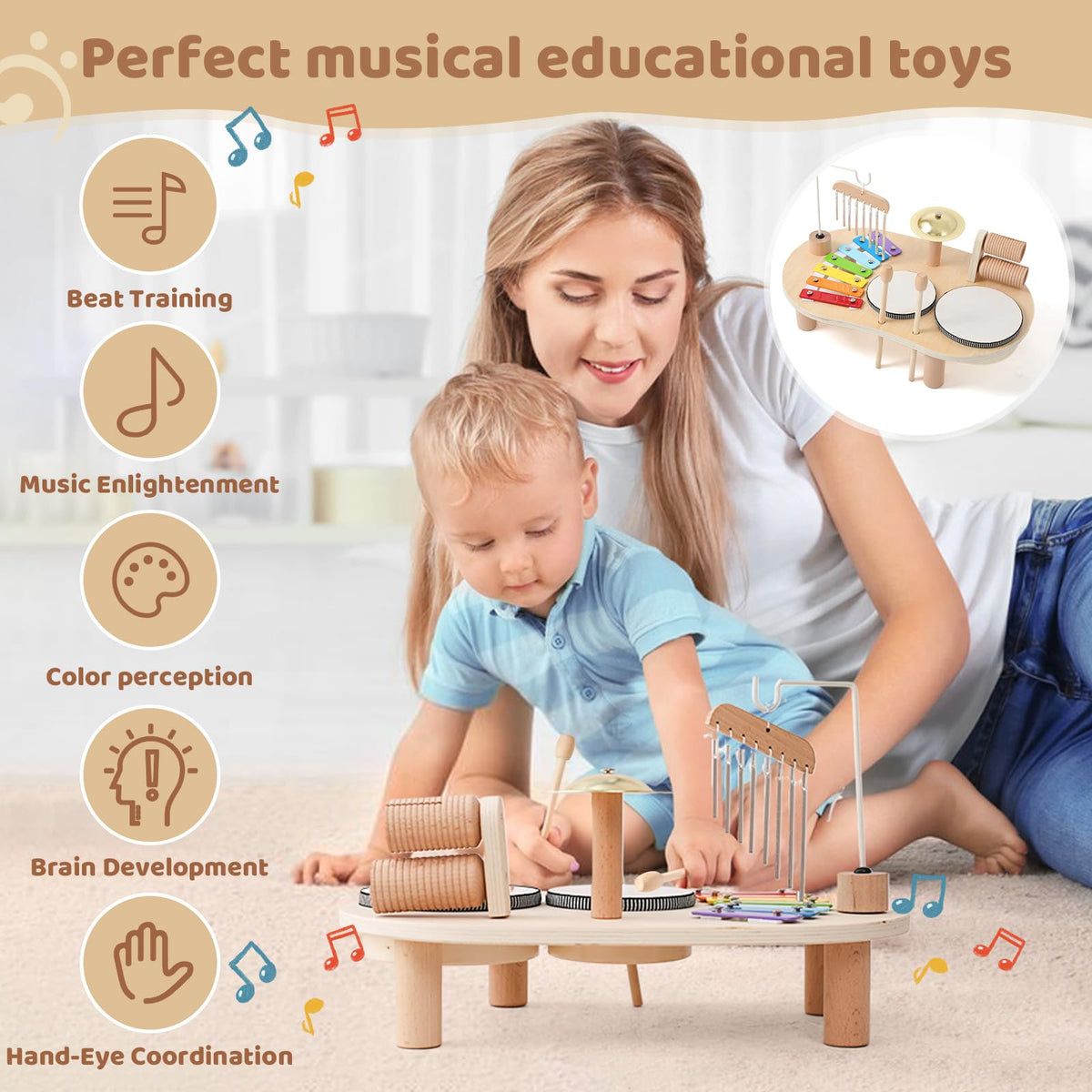 Promise Babe wooden drum set brass cymbals view emphasizes sturdy design and engaging sound play.
