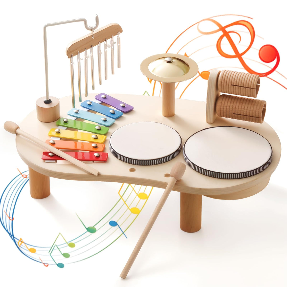 Promise Babe wooden drum set for toddlers in use supports early musical exploration and playtime.