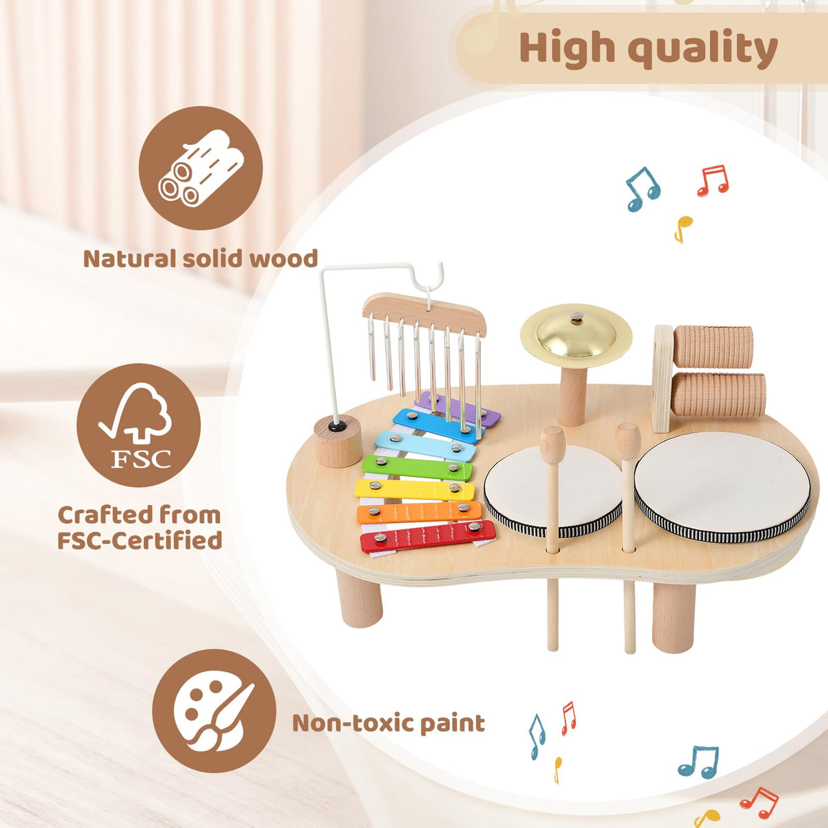 Promise Babe wooden drum set wind chime closeup shows gentle tones and calm rhythmic exploration.