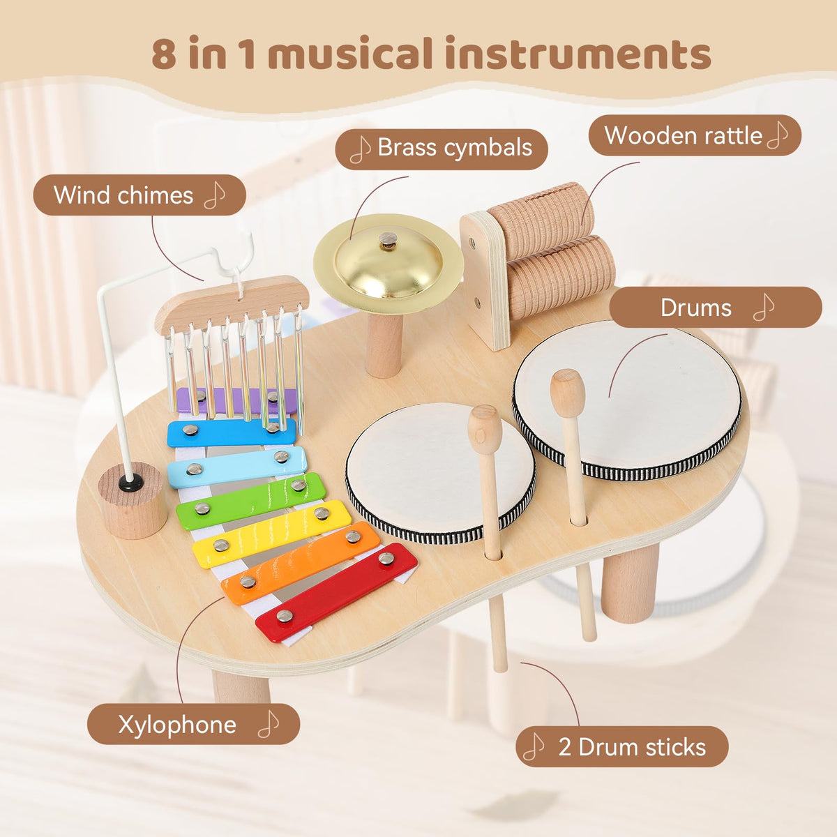 Promise Babe wooden drum set wooden platform image highlights integrated, tidy play space.