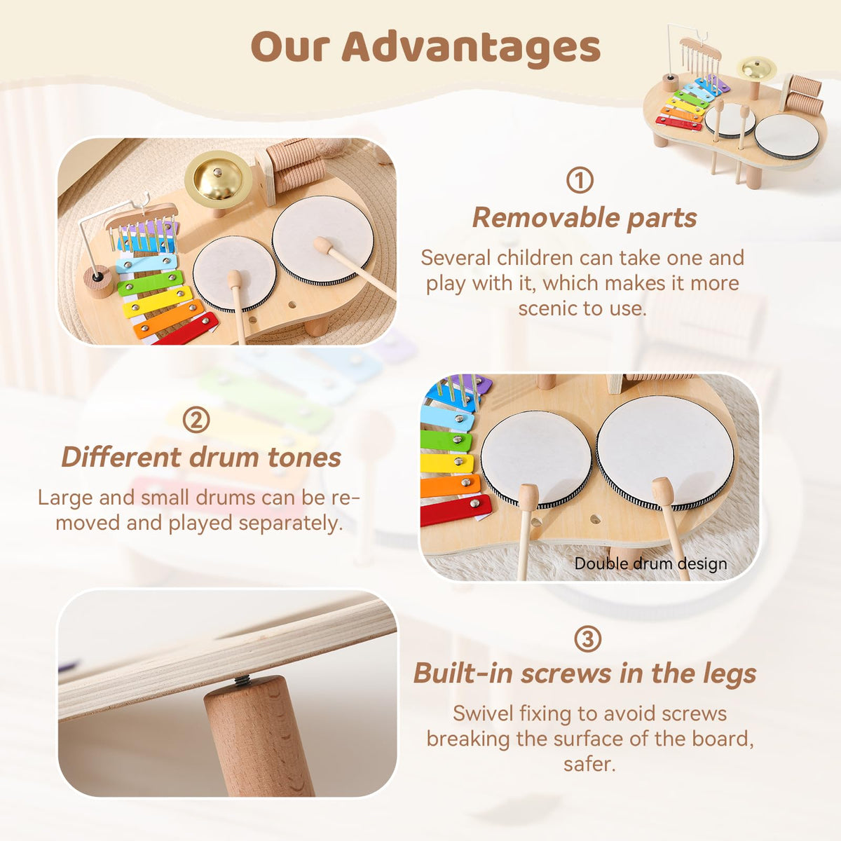 Promise Babe wooden drum set xylophone closeup highlights colorful scales for sensory music learning.