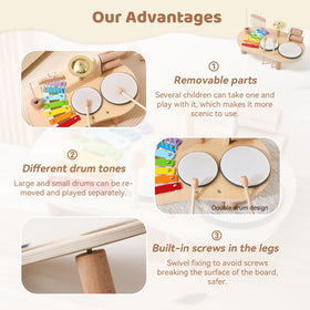 Promise Babe wooden drum set xylophone closeup highlights colorful scales for sensory music learning.