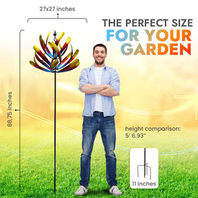 Promised Farm metal flower art spinner in motion brightens patios and lawns.