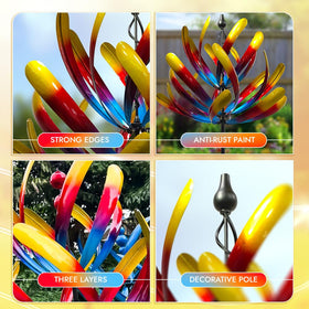 Promised Farm garden wind spinner spinning gently in breeze, creating tranquil outdoor ambiance.
