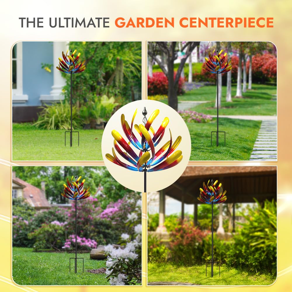 Promised Farm tall garden spinner installed beside seating area for relaxing visuals.