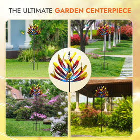 Promised Farm tall garden spinner installed beside seating area for relaxing visuals.