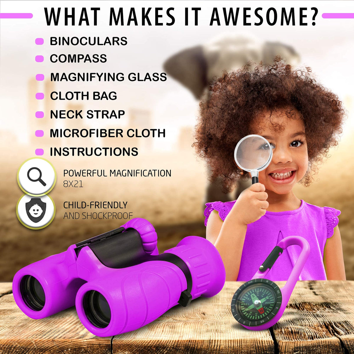 Promora kids binoculars 8x21 with magnifier for discoveries