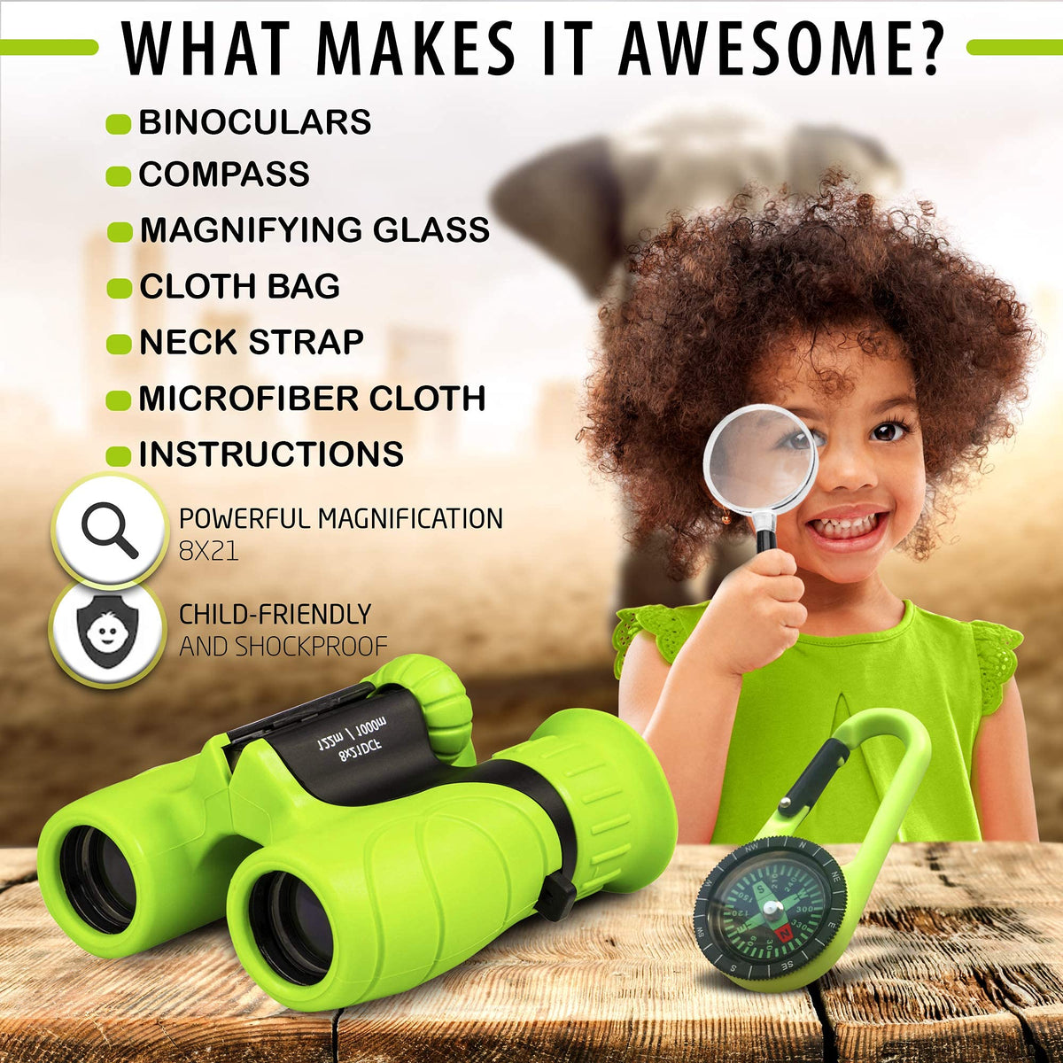 Promora Kids Binoculars diopter adjustment and central focus wheel for sharp images.