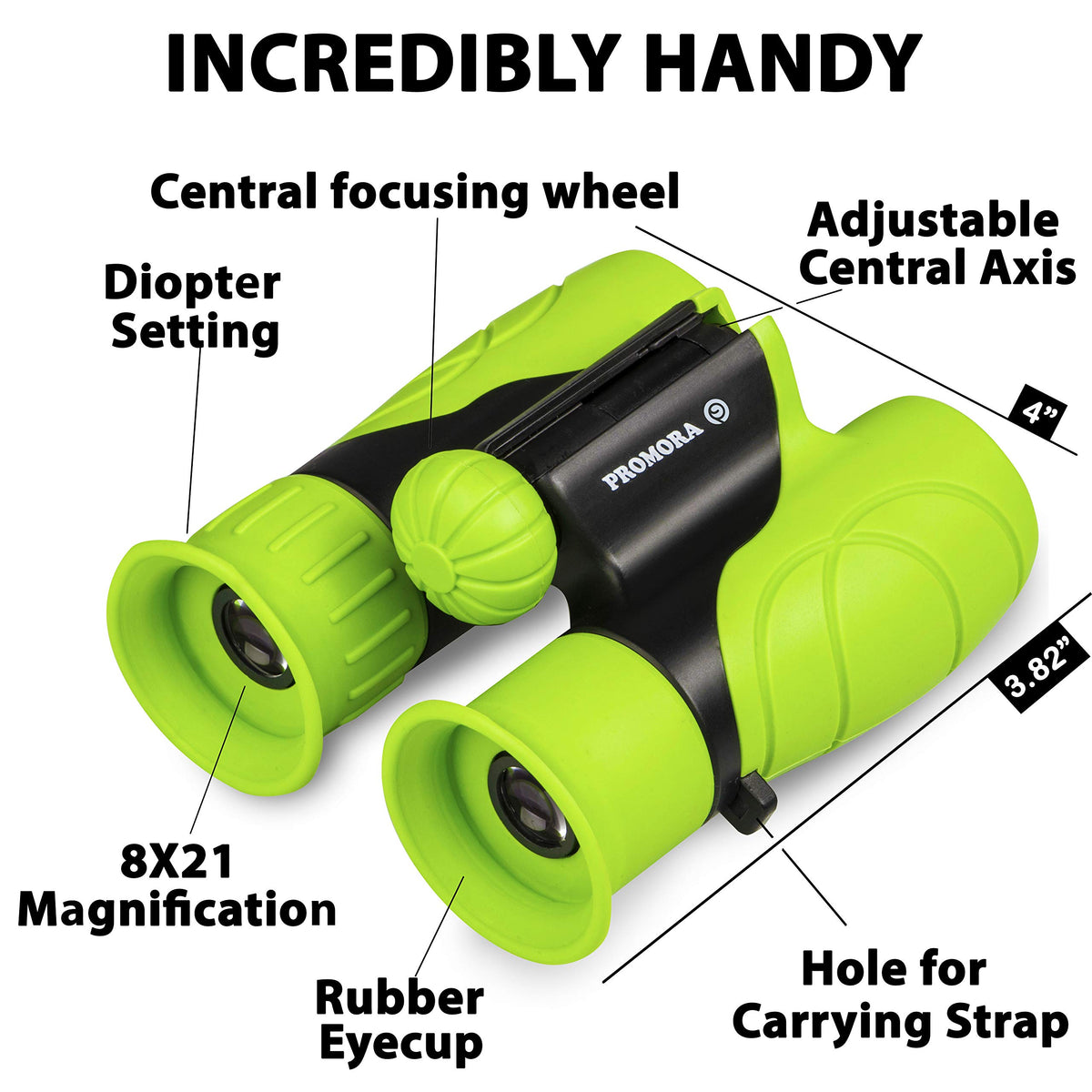 Promora Kids Binoculars durable storage bag and microfiber cloth aid organization.