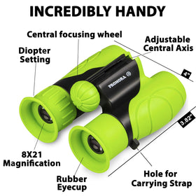 Promora Kids Binoculars durable storage bag and microfiber cloth aid organization.