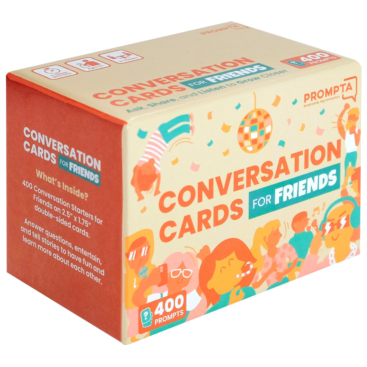Prompta 400 Conversation Cards deck held for portable game night prompts.