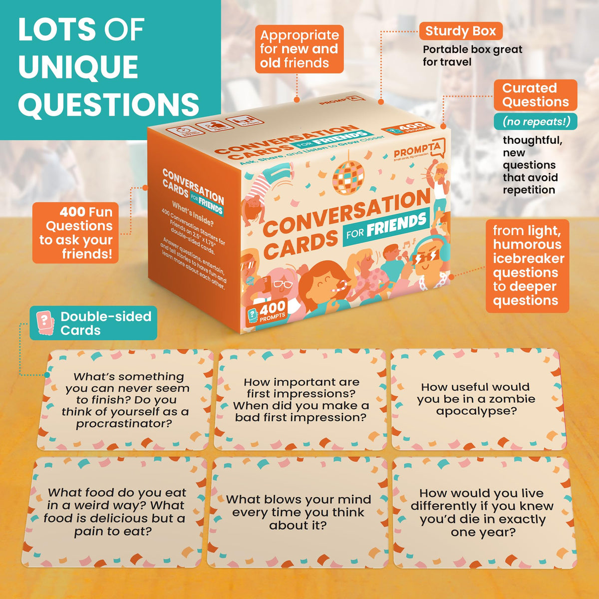 Prompta 400 Conversation Cards travel-ready deck fits pockets and bags.