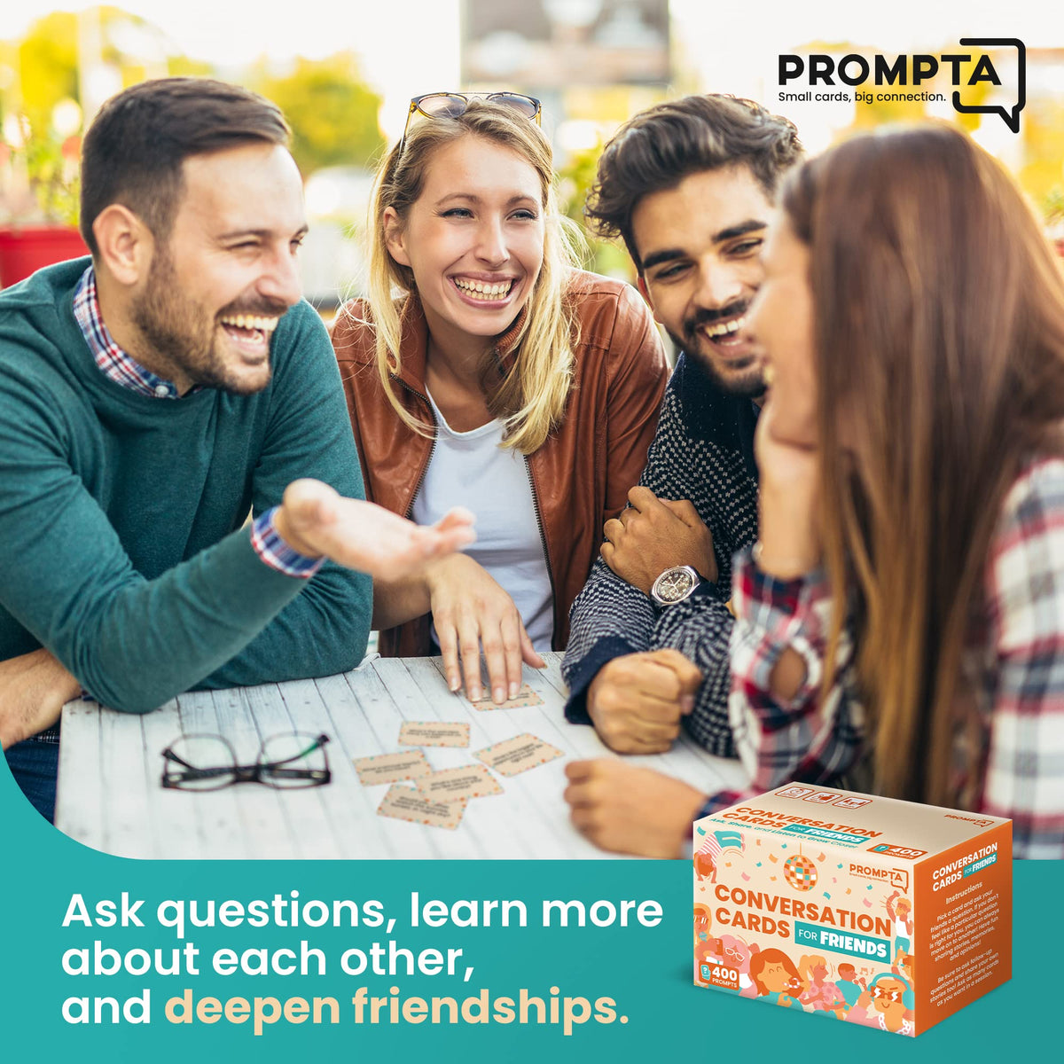 Prompta 400 Conversation Cards open-ended prompts spark laughter among friends.