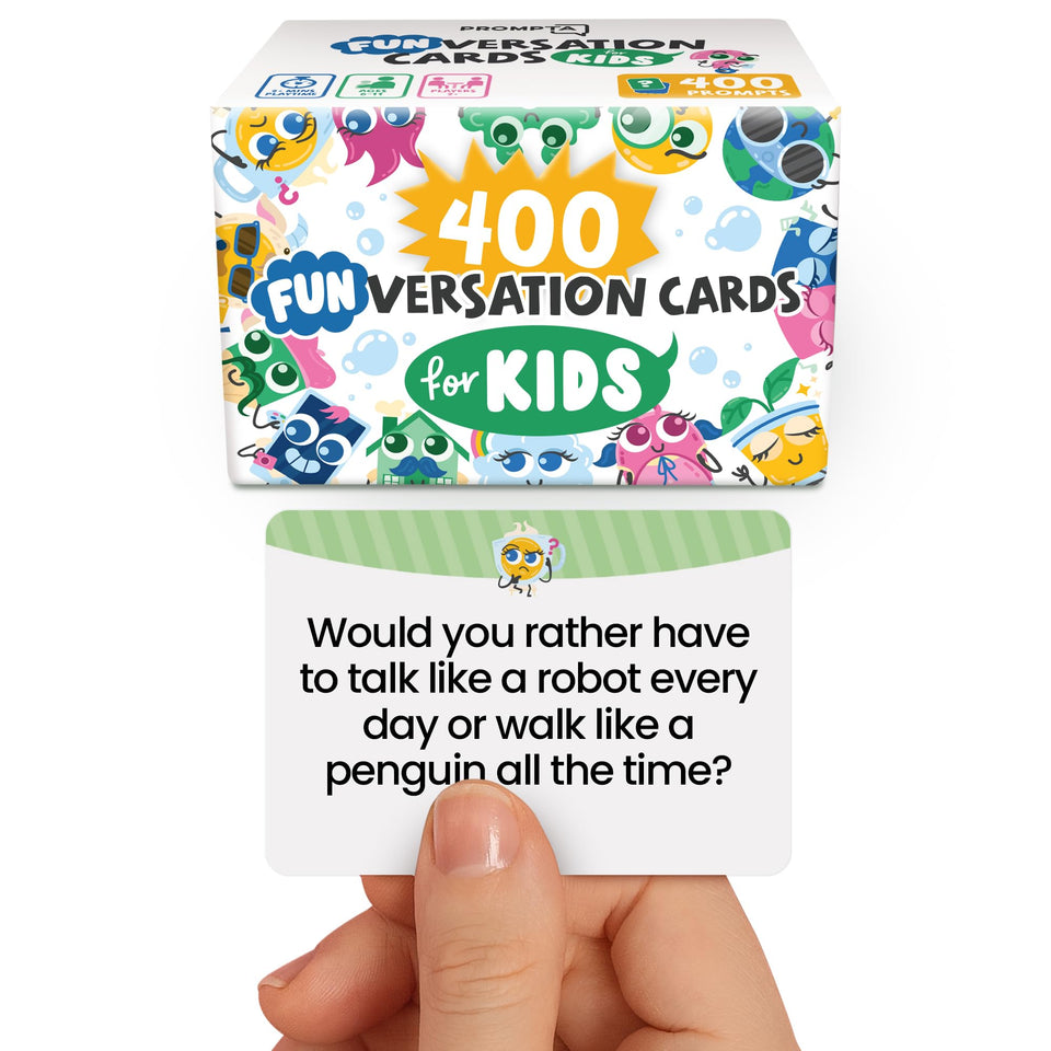 Prompta 400-silly-conversation-cards-box shows portable family fun on the go.