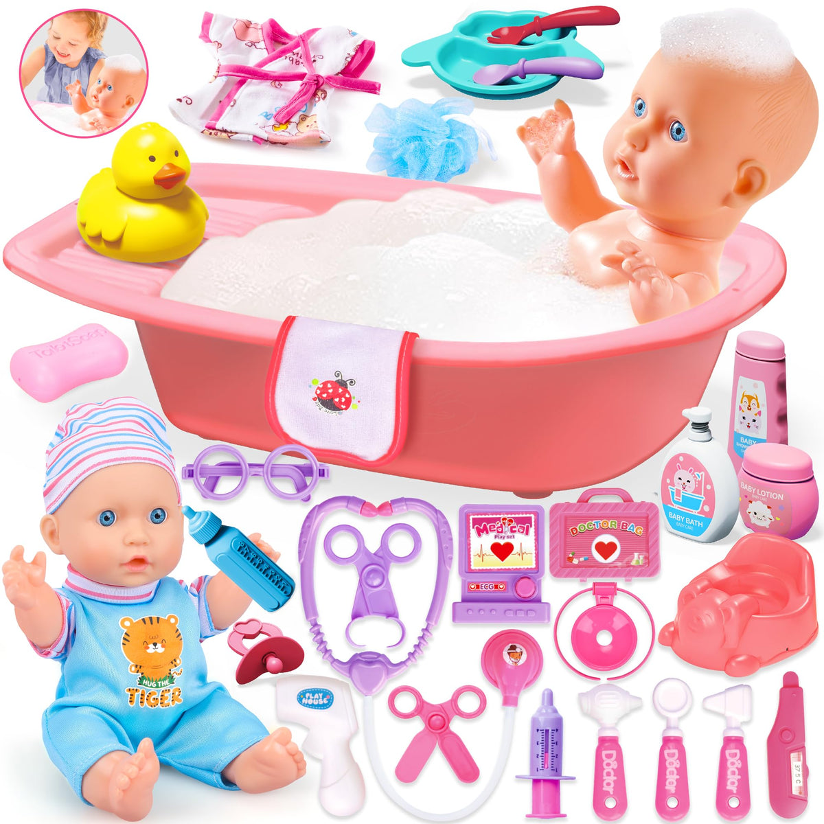 PROOU baby doll care set with bath tub for imaginative bath time play and nurturing