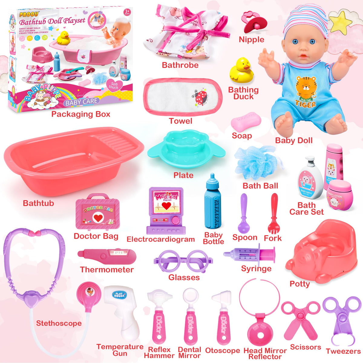 PROOU baby doll care set with bathrobe for cozy pretend dressing and care