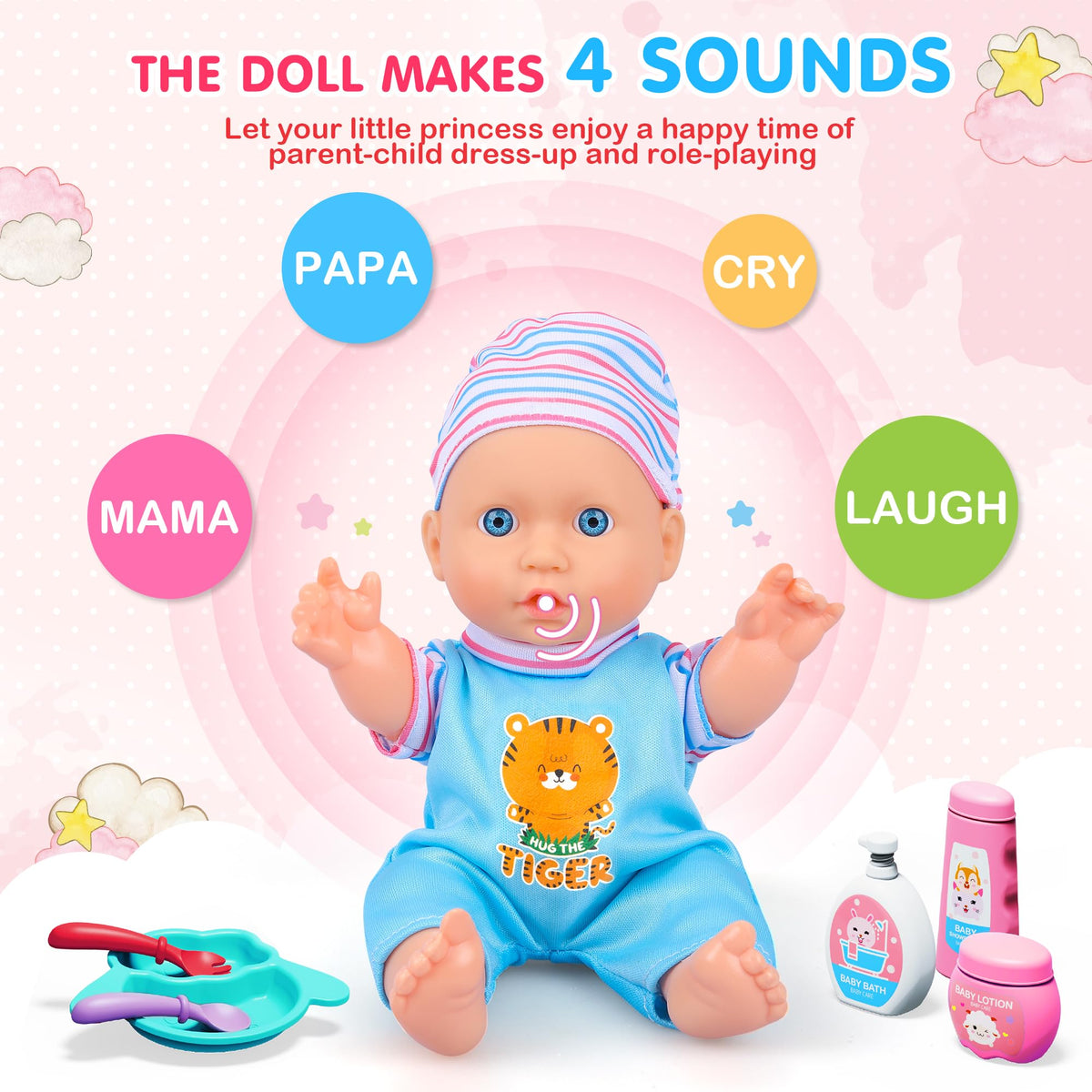 PROOU baby doll care set with thermometer for safe pretend health monitoring