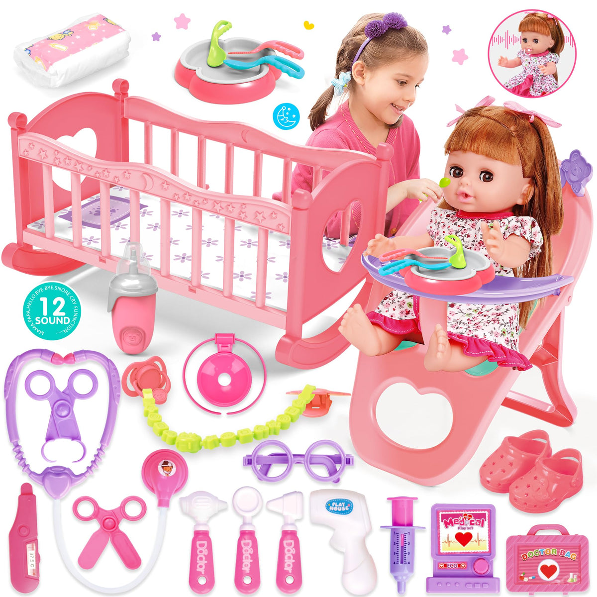 PROOU baby doll set with cradle and crib for nurturing pretend play