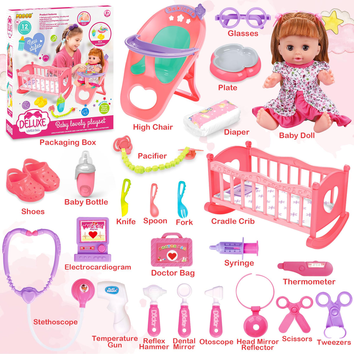 PROOU doll set high chair for realistic mealtime role play