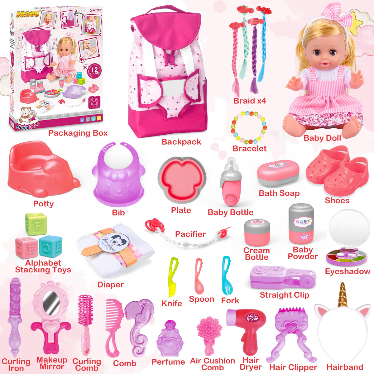 PROOU Doll Backpack and accessories for portable pretend play on the go