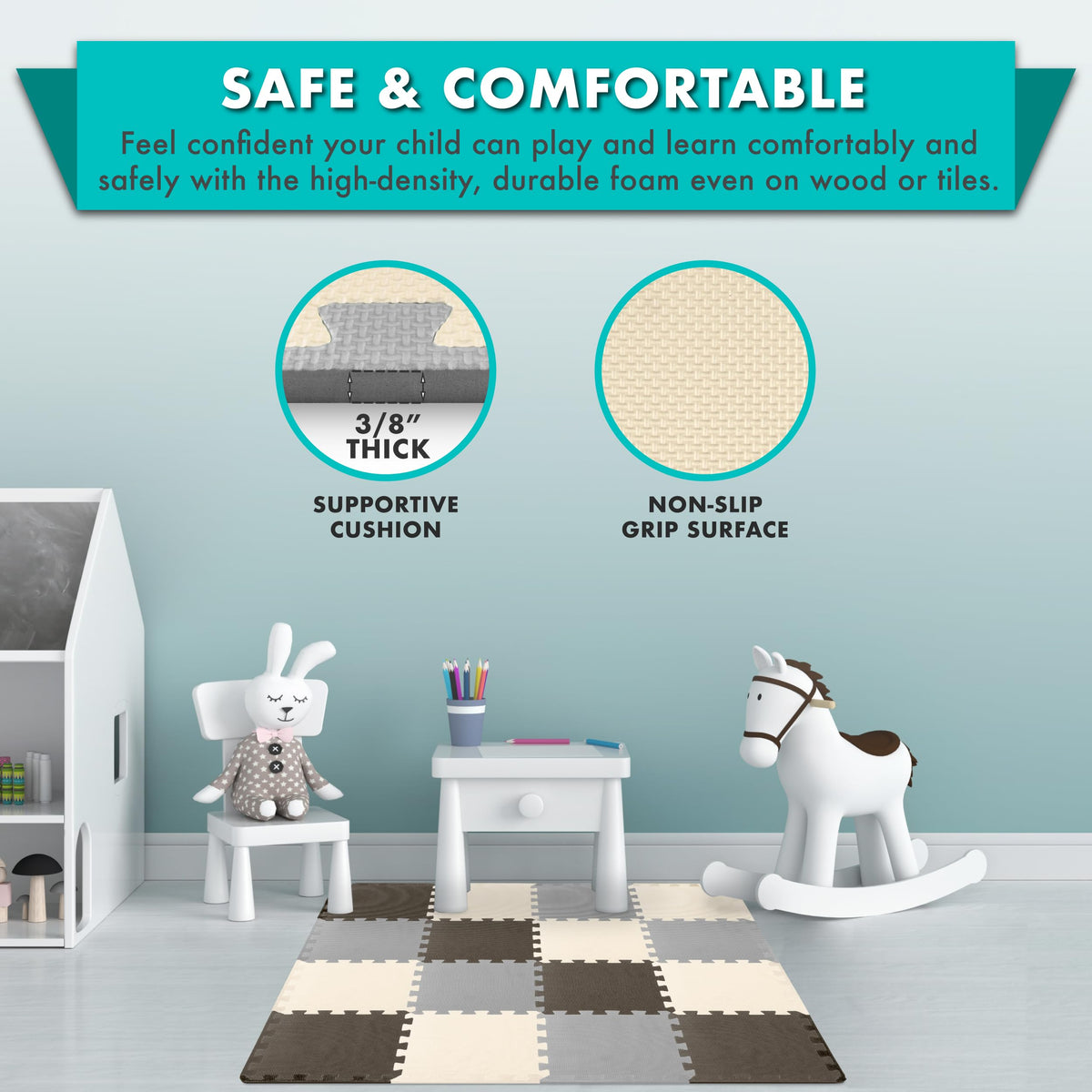 ProSource Baby Play Mat water-resistant foam that cleans easily after playtime.