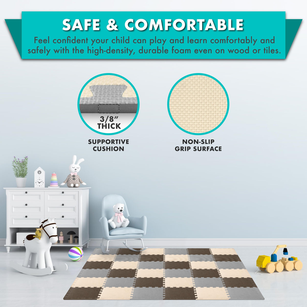 ProSource soft EVA foam surface provides gentle cushioning on hard floors for babies.