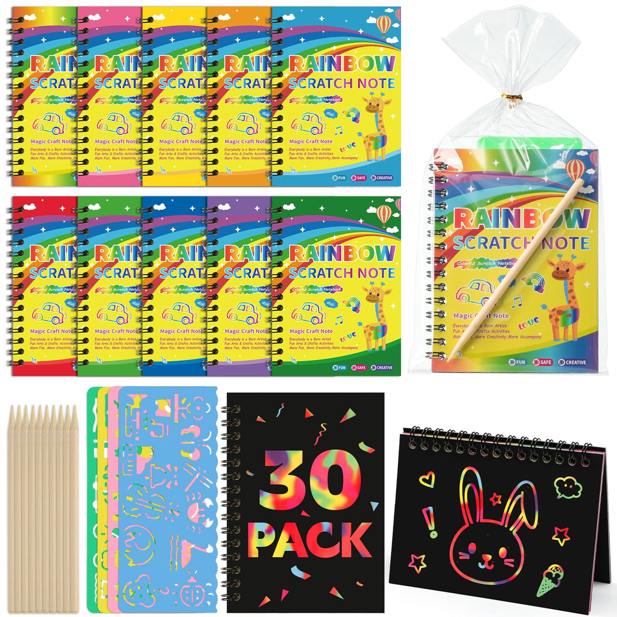 Prudiut rainbow scratch art notebook pack shows vibrant pages for party favors.