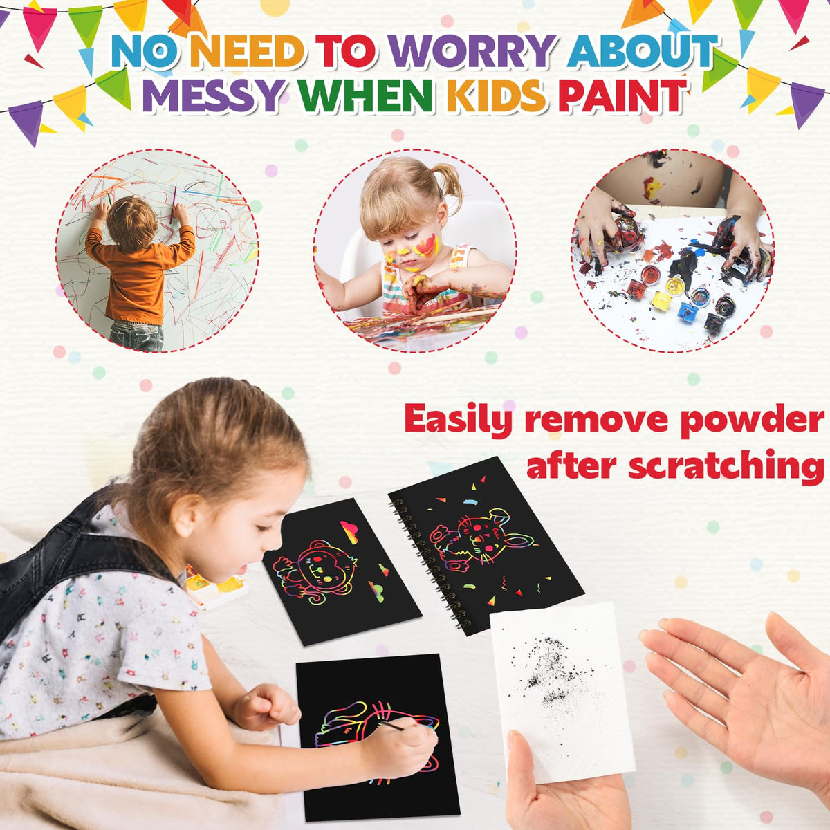 Prudiut scratch paper with tear-resistant coating reveals rainbow colors beneath.