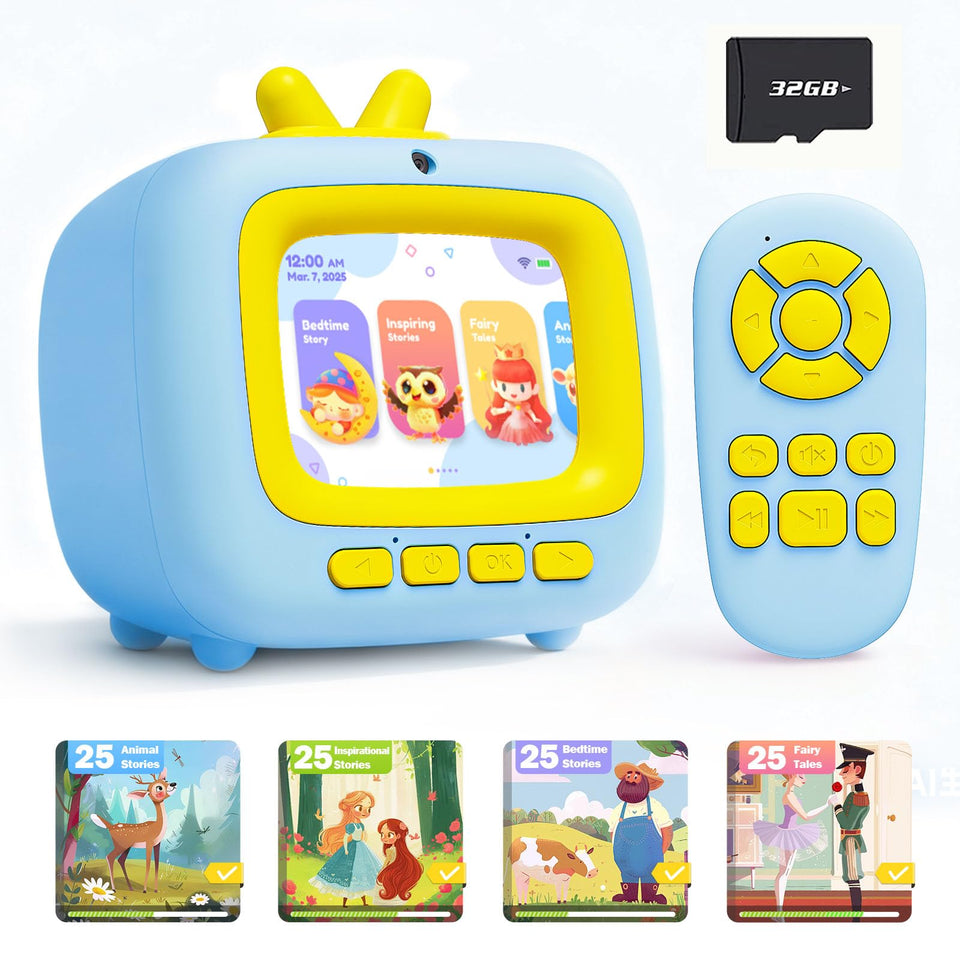 Prysyedawn Kids Story Machine Blue front view, portable learning hub for curious minds