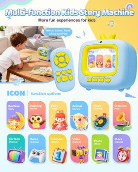Prysyedawn Kids Story Machine Blue side view, compact design for travel