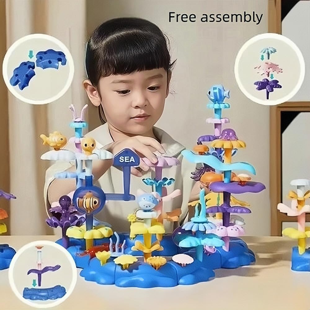 PSDVAYI coral garden blocks playset promoting color recognition and imaginative ocean scene building.